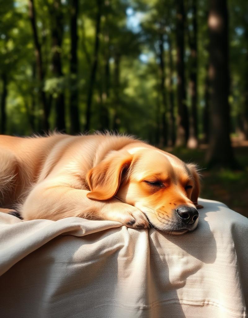 A calm dog resting in dappled forest light
